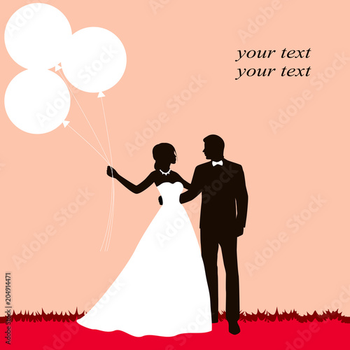 Wedding card with the newlyweds on a pink background.