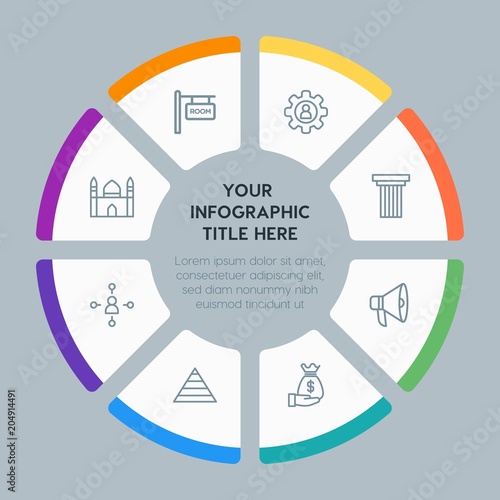 Circle chart business, industry, buildings infographic template with 8 options for presentations, advertising, annual reports