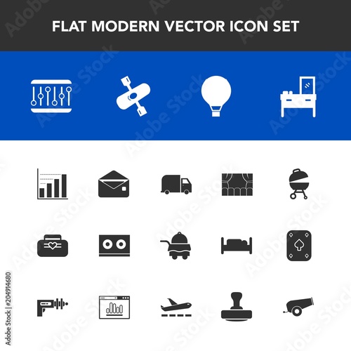 Modern, simple vector icon set with communication, business, bedroom, service, interior, mail, leather, stamp, food, jump, room, weapon, concept, sky, diagram, message, theater, parachuting, gun icons