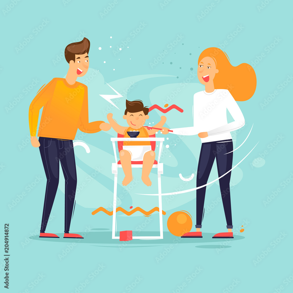 Family life, man woman feeds the child, husband and wife. Flat design vector illustration.