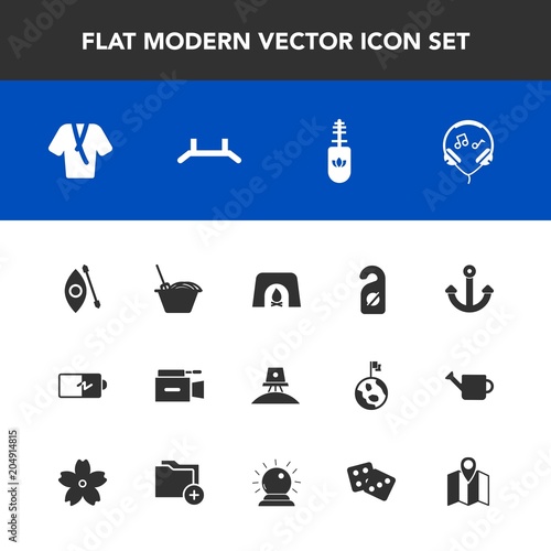 Modern, simple vector icon set with brush, science, activity, fireplace, power, modern, hotel, privacy, warm, television, video, film, food, music, astronaut, kayaking, fire, black, spaceship icons