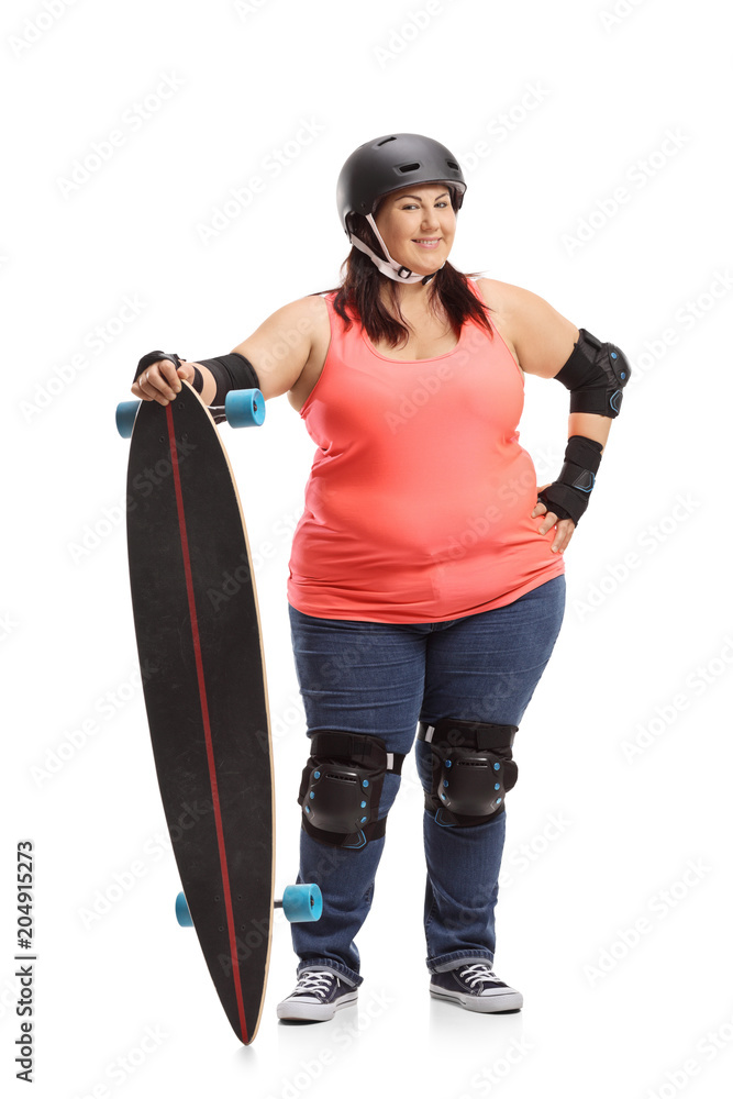 Overweight woman wearing protective gear and holding a longboard Stock  Photo | Adobe Stock