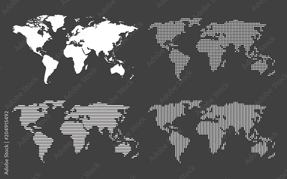 set of blank world maps on black background set of blank world maps on black background