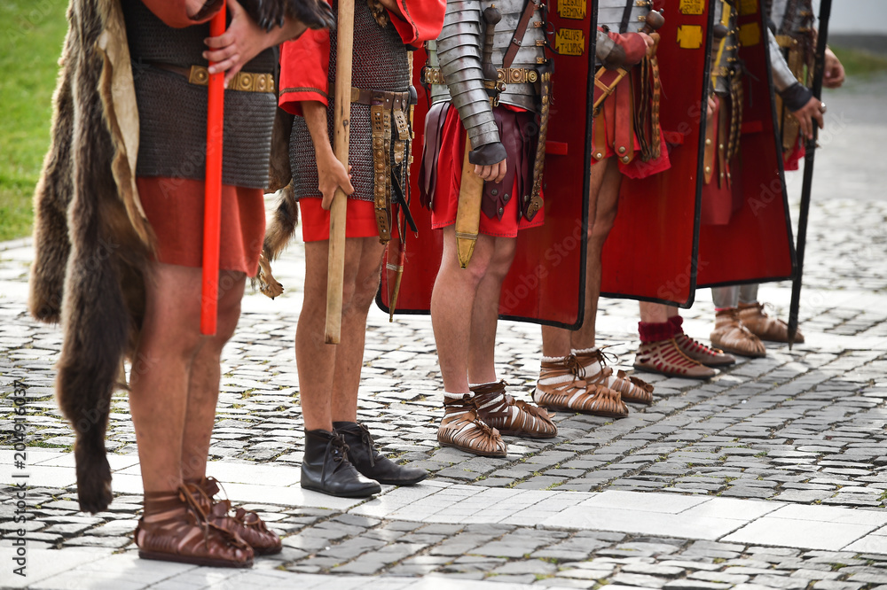 Reenactment detail with roman soldiers uniforms