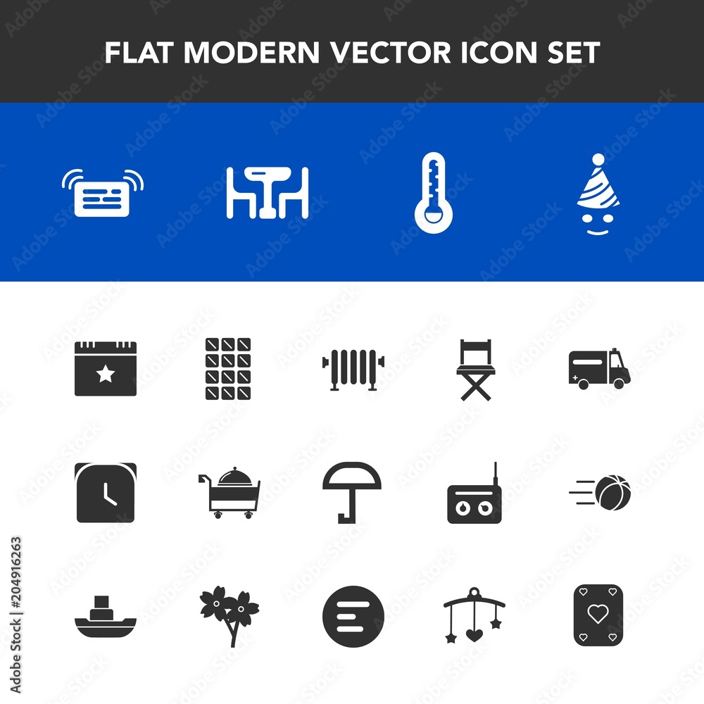 Modern, simple vector icon set with heater, minute, hot, fun, home, celebration, water, clock, event, notification, ambulance, message, bar, temperature, rain, clown, birthday, toy, play, watch icons Modern, simple vector icon set with heater, minute, hot, fun, home, celebration, water, clock, event, notification, ambulance, message, bar, temperature, rain, clown, birthday, toy, play, watch icons