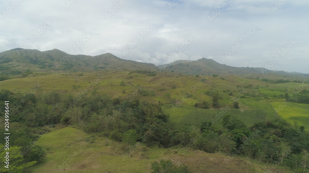 Aerial view of mountains covered forest, trees. Cordillera region. Luzon, Philippines. Mountain landscape in cloudy weather.