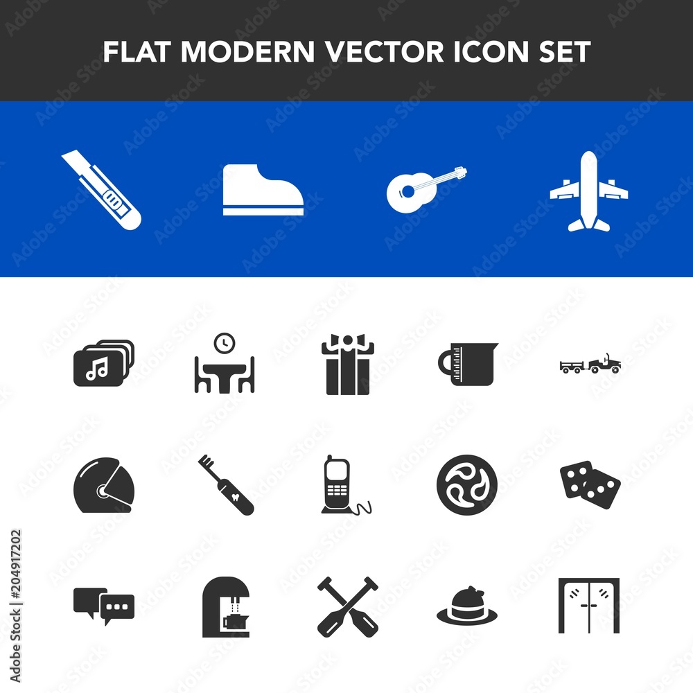 Modern, simple vector icon set with music, travel, footwear, airplane, holiday, cutter, telephone, care, rider, door, liquid, biker, stationary, present, celebration, helmet, handle, dinner, box icons Modern, simple vector icon set with music, travel, footwear, airplane, holiday, cutter, telephone, care, rider, door, liquid, biker, stationary, present, celebration, helmet, handle, dinner, box icons