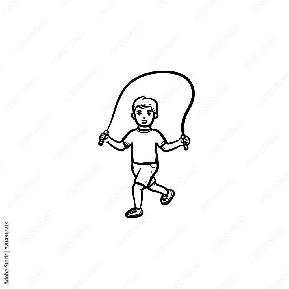 Child with skipping rope hand drawn outline doodle icon. Child jumps over skipping rope vector sketch illustration for print, web, mobile and infographics isolated on white background.