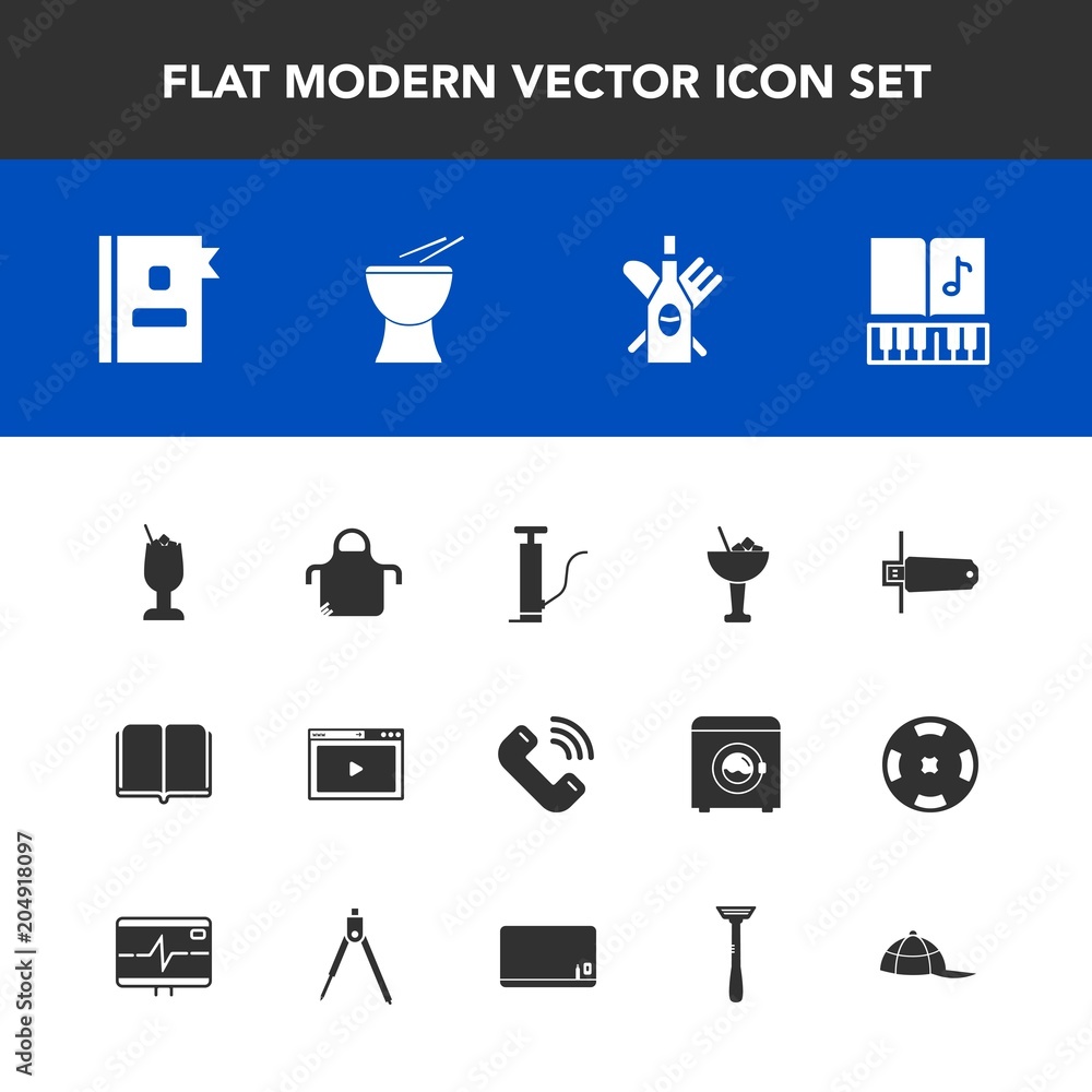 Modern, simple vector icon set with pump, internet, glass, sound, percussion, alcohol, kitchen, bar, hat, pinafore, media, chef, clothing, flash, school, web, headwear, literature, textbook, cap icons Modern, simple vector icon set with pump, internet, glass, sound, percussion, alcohol, kitchen, bar, hat, pinafore, media, chef, clothing, flash, school, web, headwear, literature, textbook, cap icons