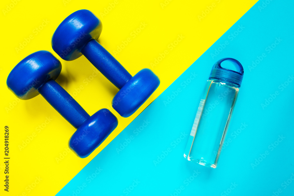 Female sport dumbbells equipment top view, copy space. Active lifestyle, body care concept. Female sport dumbbells equipment top view, copy space. Active lifestyle, body care concept.
