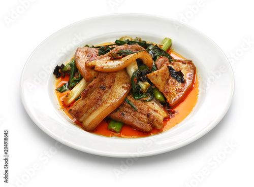 traditional twice cooked pork, Sichuan style chinese dish isolated on white background 