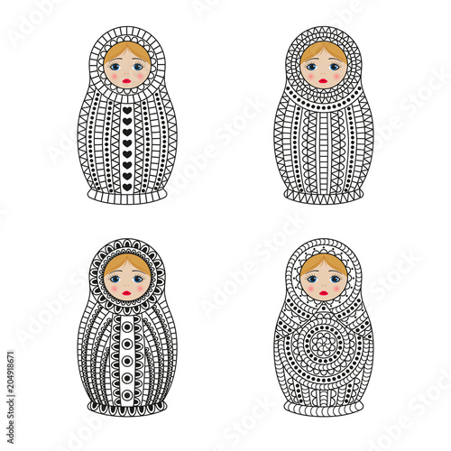 Matrioshka or nesting dolls set isolated on white background. Babushka with ornamental patterns. Vector illustration.