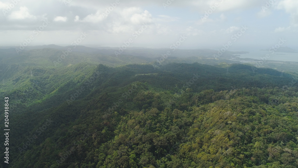 Aerial view of mountains covered rainforest, trees. Luzon, Philippines. Slopes of mountains with evergreen vegetation. Mountainous tropical landscape.