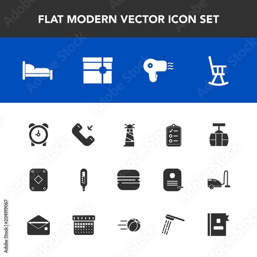 Modern, simple vector icon set with telephone, cable, alarm, list, poker, game, bedroom, mark, play, dryer, sandwich, call, train, beacon, checklist, sky, time, box, watch, hairdryer, book, hour icons