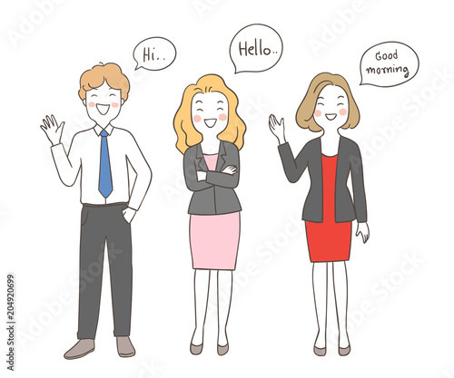 Set business man and woman greeting say Hi Hello