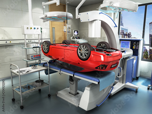 Modern concept of auto repair work Details of the red car on the surgical table 3D render