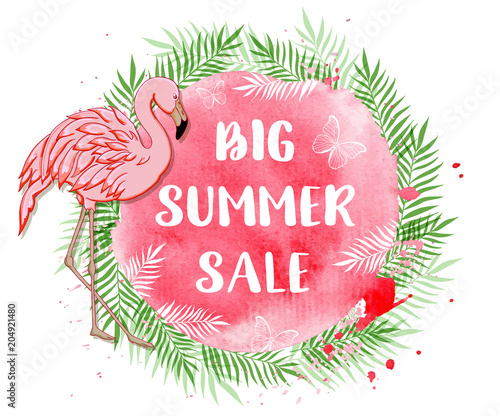 Tropical background for summer sale with flamingo