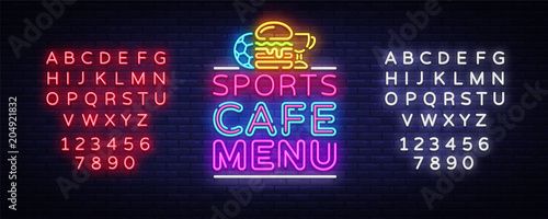Sports Cafe Menu neon sign vector. Sport Cafe Menu symbol, neon logo, bright emblem, light banner, design element for sports bar, cafe, fan club. Vector Illustration. Editing text neon sign