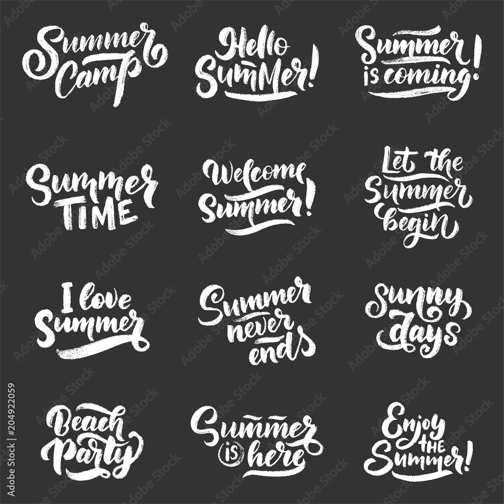 Vector hand drawn set with lettering about Summer. Isolated calligraphy for travel agency, beach party. Great design for postcard, print or poster. Vector hand drawn set with lettering about Summer. Isolated calligraphy for travel agency, beach party. Great design for postcard, print or poster.