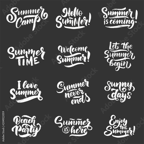 Vector hand drawn set with lettering about Summer. Isolated calligraphy for travel agency  beach party. Great design for postcard  print or poster.