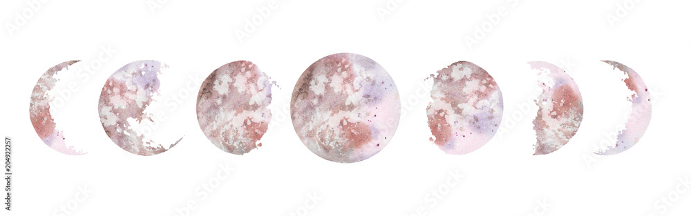 Watercolor illustration: various moon phases isolated on white background. Hand painted modern space design. - obrazy, fototapety, plakaty 