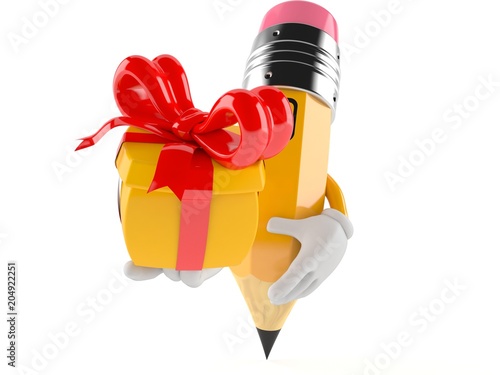 Pencil character holding gift