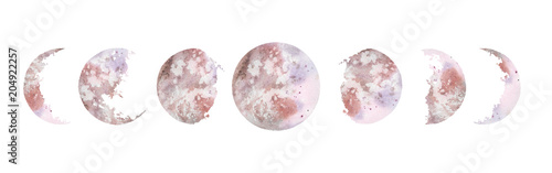 Watercolor illustration: various moon phases isolated on white background. Hand painted modern space design.