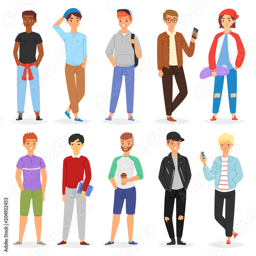 Teenage boy vector young male person character and handsome boyfriend illustration boyish set of youth teen or student guy isolated on white background