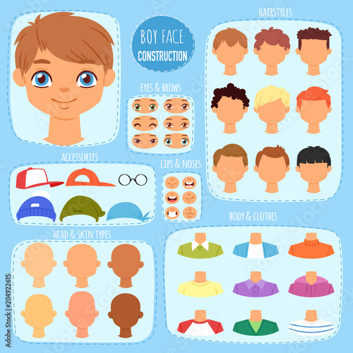 Boy face constructor vector kids character and guy avatar creation with head lips eyes illustration set of man-child facial elements construction with children hairstyle isolated on background
