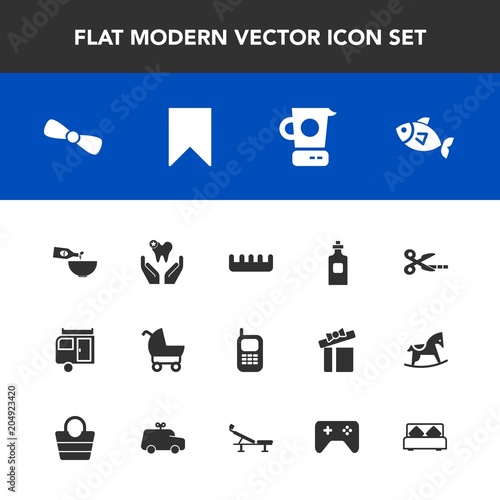 Modern, simple vector icon set with stroller, telephone, kitchen, food, seafood, dinner, beverage, wine, trailer, care, child, mobile, vacation, glass, travel, bow, drink, bottle, bookmark, pram icons
