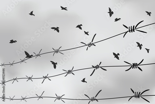 Barbed wire fencing. Fence made of wire with spikes. Black and white illustration to the holocaust. Console camp.