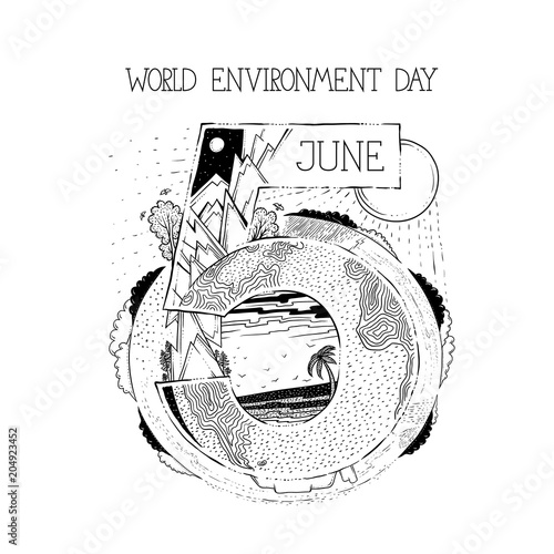 Card or poster environment day on fifth June. Landscape from different parts of world. Mountains forests sun and clouds around the globe. Vector sketch illustration concept art.