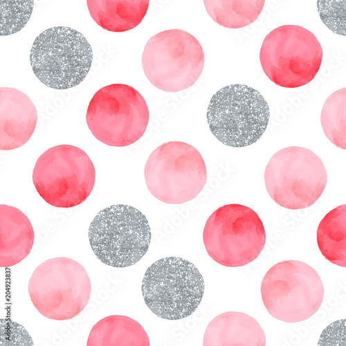 Aquarelle pink seamless pattern with dots and circles