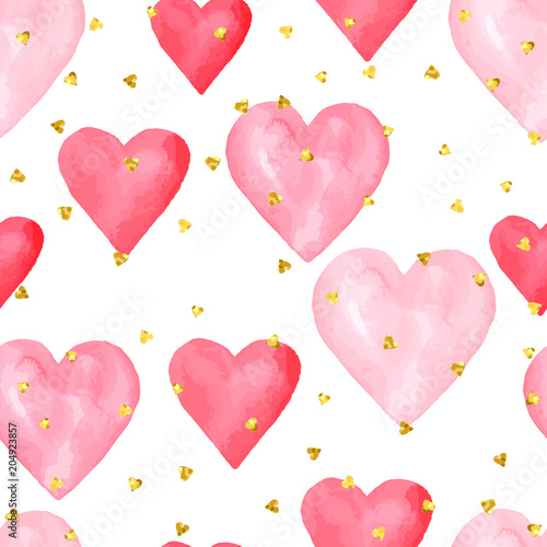 Wedding aquarelle pink seamless pattern with hearts