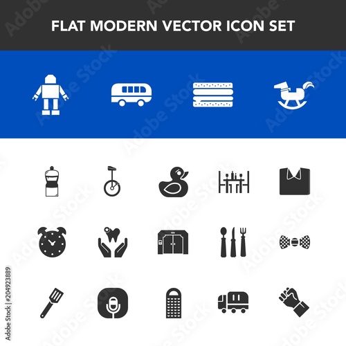 Modern, simple vector icon set with elevator, shirt, burger, snack, coffee, clothing, human, watch, cheeseburger, time, duck, equipment, hour, robot, bike, sign, road, hand, concept, healthy icons