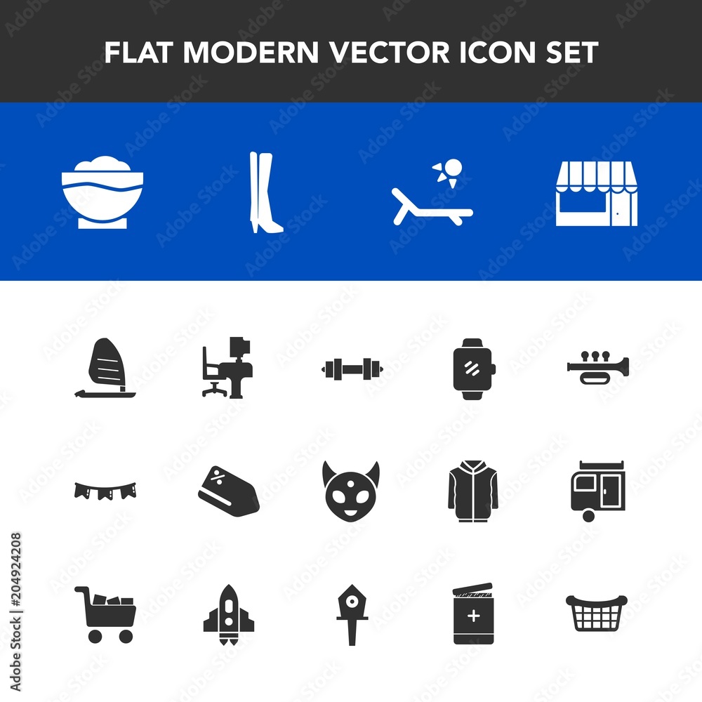 Fototapeta premium Modern, simple vector icon set with sound, alien, celebration, trumpet, tag, fiction, price, vacation, supermarket, office, wind, chef, background, discount, flag, restaurant, work, ufo, store icons