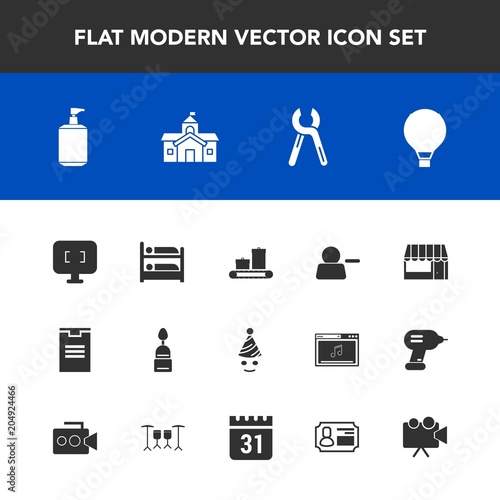 Modern, simple vector icon set with soap, supermarket, delivery, reparation, technology, tool, delete, fun, hotel, clown, doughnut, dessert, service, travel, market, food, sky, sweet, luggage icons