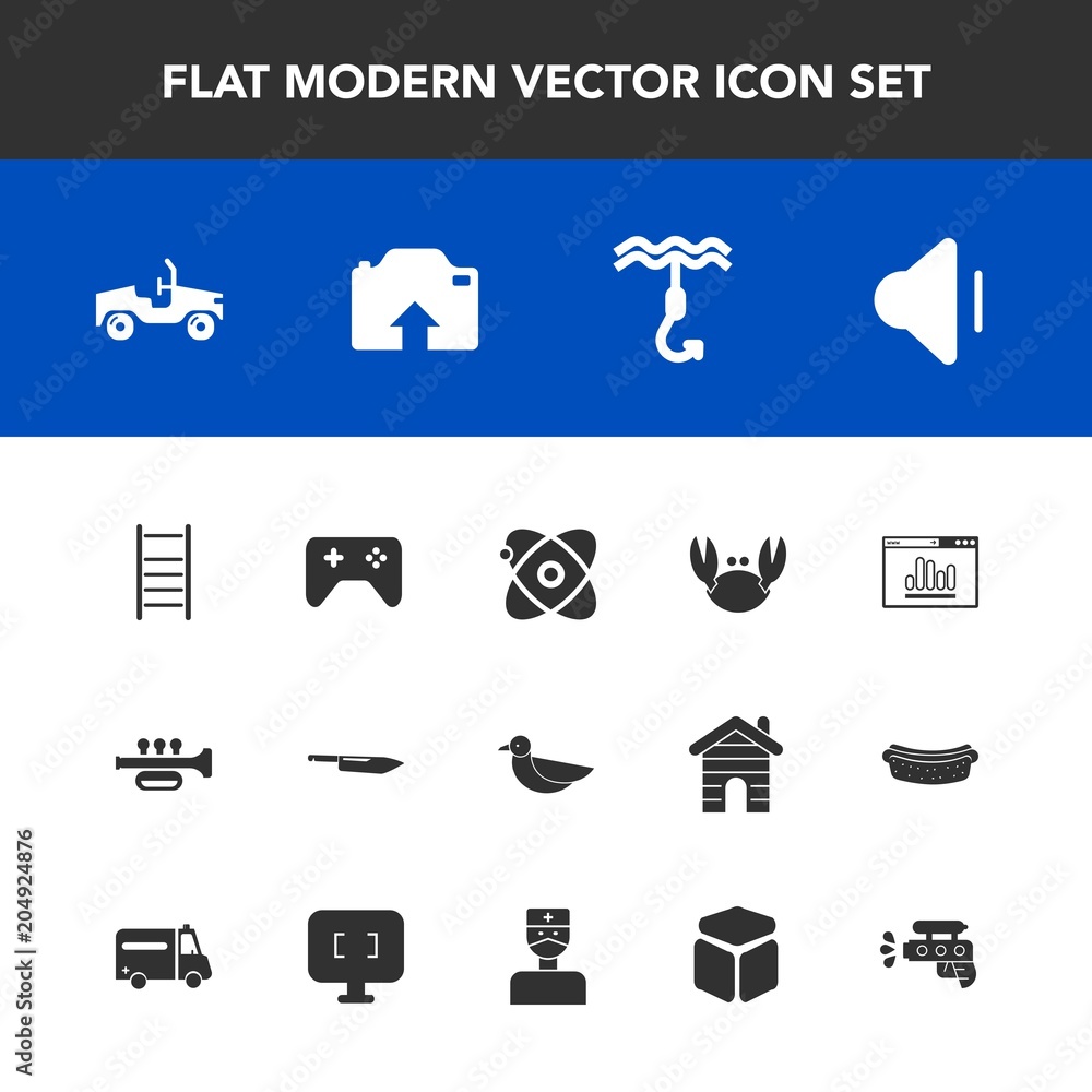 Modern, simple vector icon set with cube, ladder, water, business, upload, trumpet, space, sky, medical, gun, website, bird, cosmos, sound, computer, car, analytics, square, seafood, joystick icons Modern, simple vector icon set with cube, ladder, water, business, upload, trumpet, space, sky, medical, gun, website, bird, cosmos, sound, computer, car, analytics, square, seafood, joystick icons