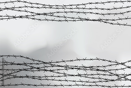 Barbed wire fencing. Fence made of wire with spikes. Black and white illustration to the holocaust. Console camp.