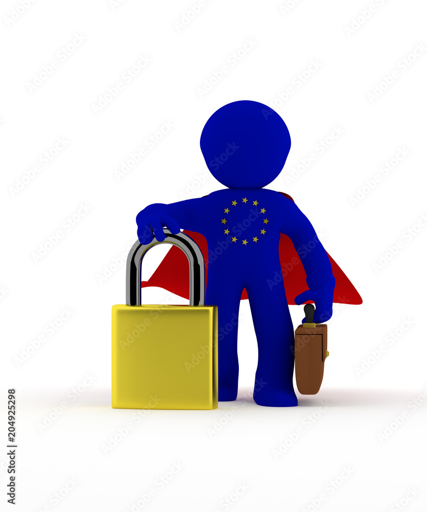 Small super hero businessman character with Padlock Small super hero businessman character with Padlock