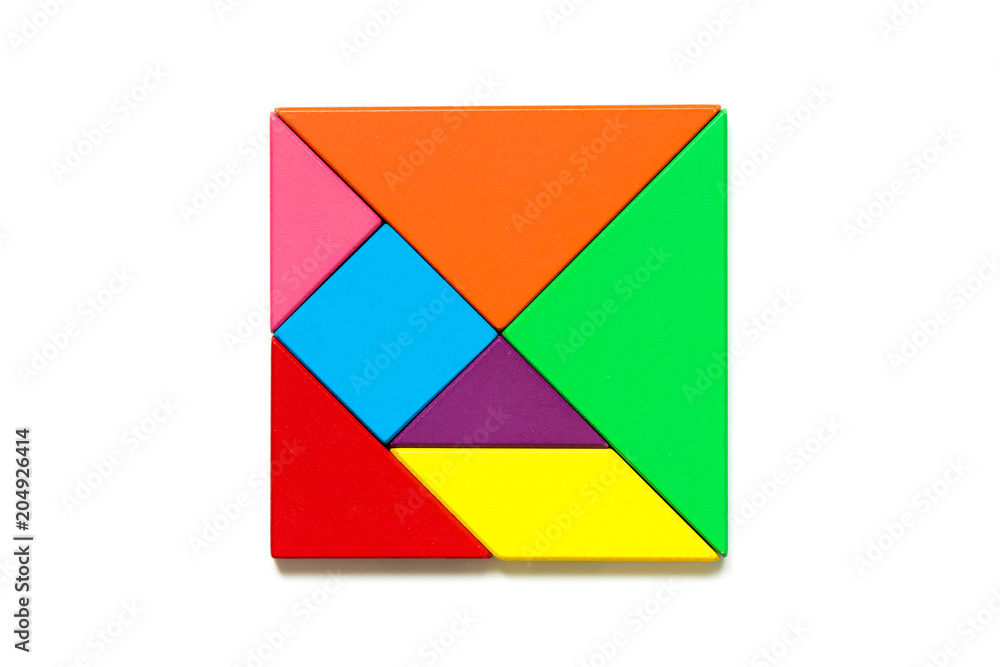 Color wood tangram puzzle in square shape on white background