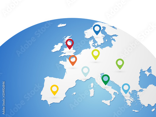 Europe vector map on world globe with color pins