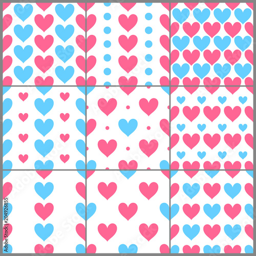 Pink and blue heats cimple seamless patterns set, vector photo