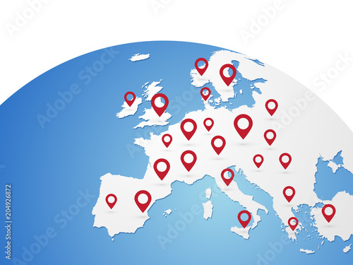Europe vector map on world globe with red pins