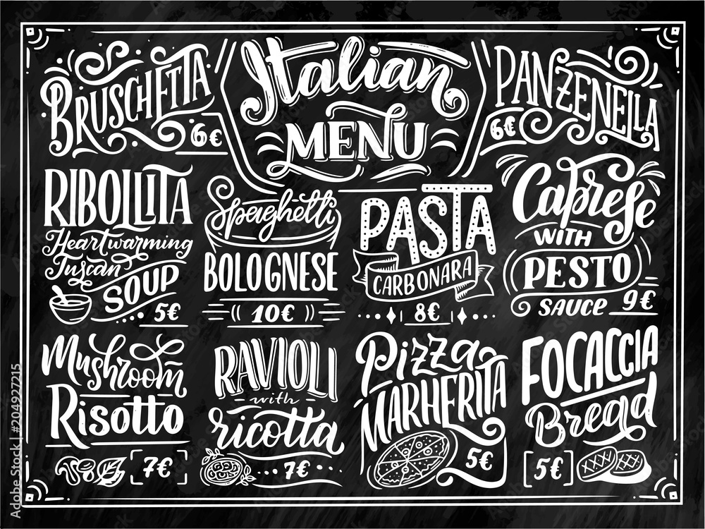 Fototapeta Menu włoskiego jedzenia - nazwy potraw. Frazy literowe do swojego projektu, stylizowane rysowanie kredą.