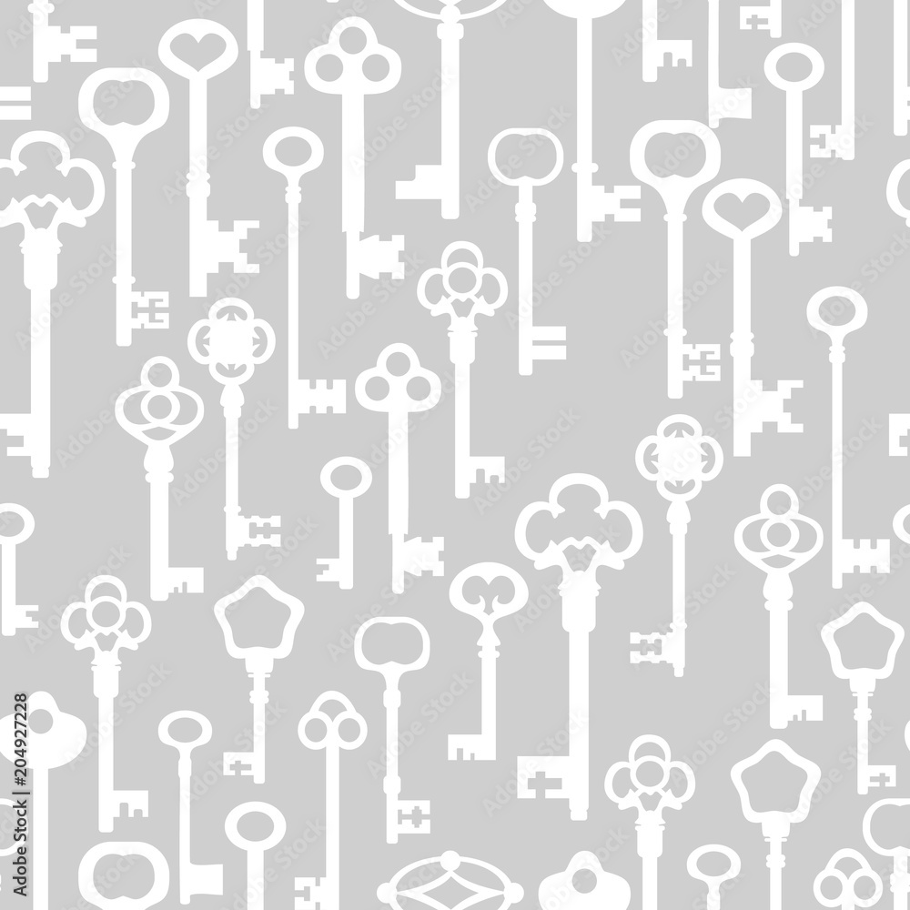 White skeleton keys silhouettes on gray seamless pattern, vector White skeleton keys silhouettes on gray seamless pattern, vector