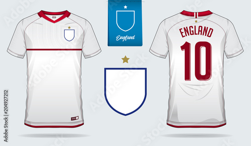 Set of soccer jersey or football kit template design for England national football team. Front and back view soccer uniform. Football t shirt mock up. Vector Illustration