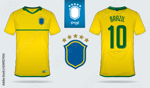Set of soccer jersey or football kit template design for Brazil national football team. Front and back view soccer uniform. Football t shirt mock up. Vector Illustration