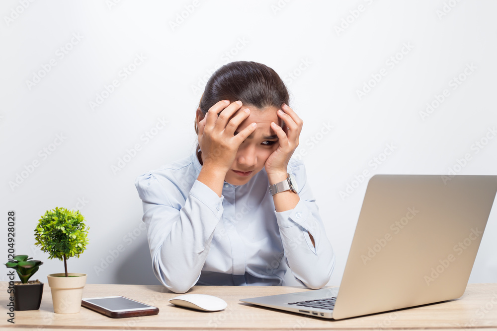 Woman has headache after hard work Woman has headache after hard work