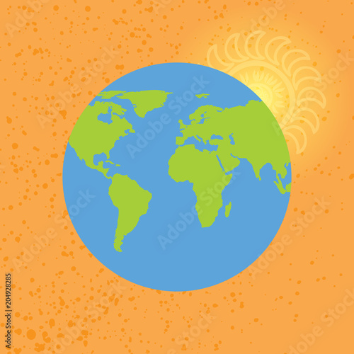 Earth illustration cartoon with sun behind. Globe orb round hemisphere shape sketch in color isolated on orange. Emblem Earth day art. Vector.